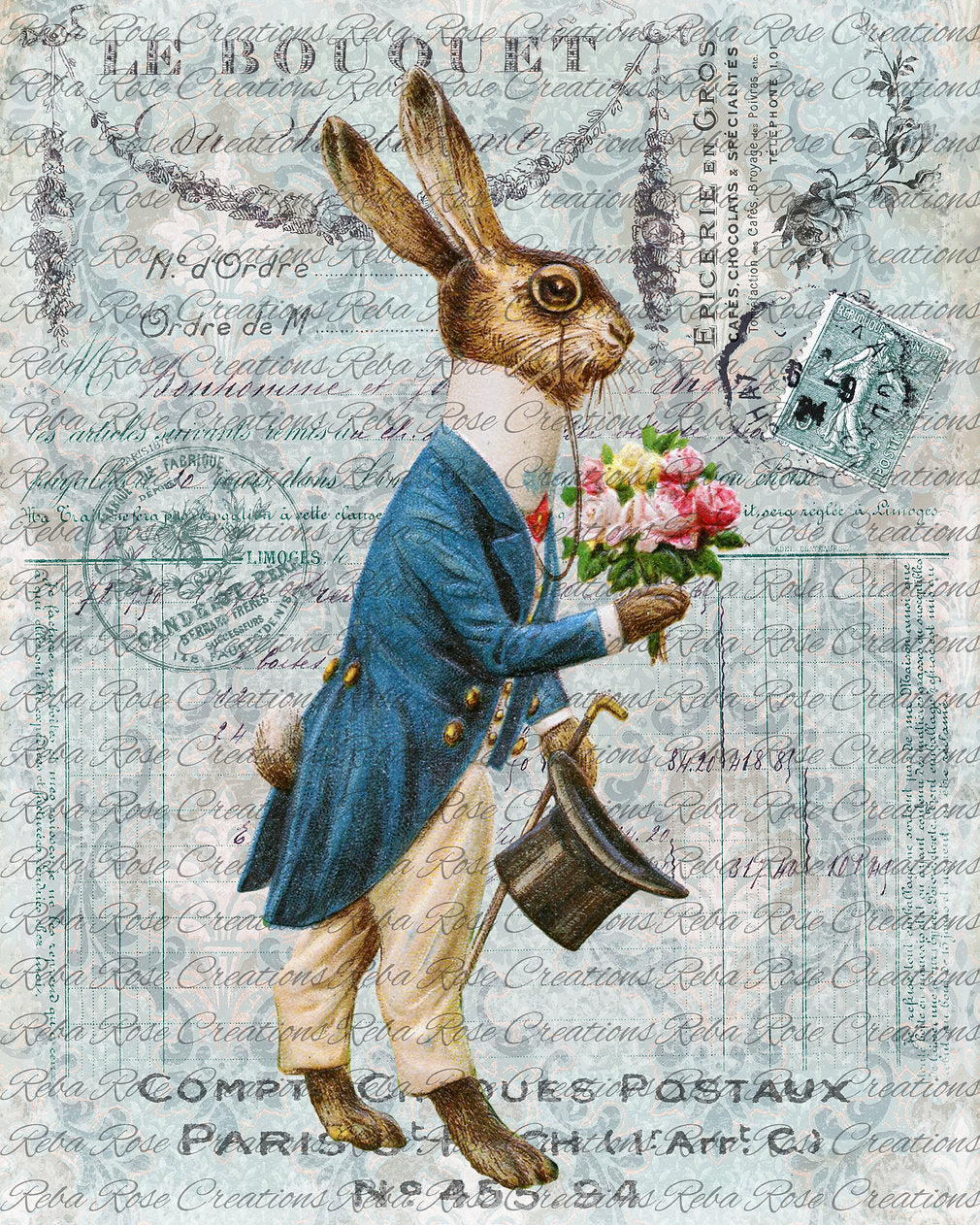 Reba Rose Creations, Rice Paper for Decoupage, Mixed Media, Easter, Blue, Bunny, Vintage Style, A4 8.27 X 11.6