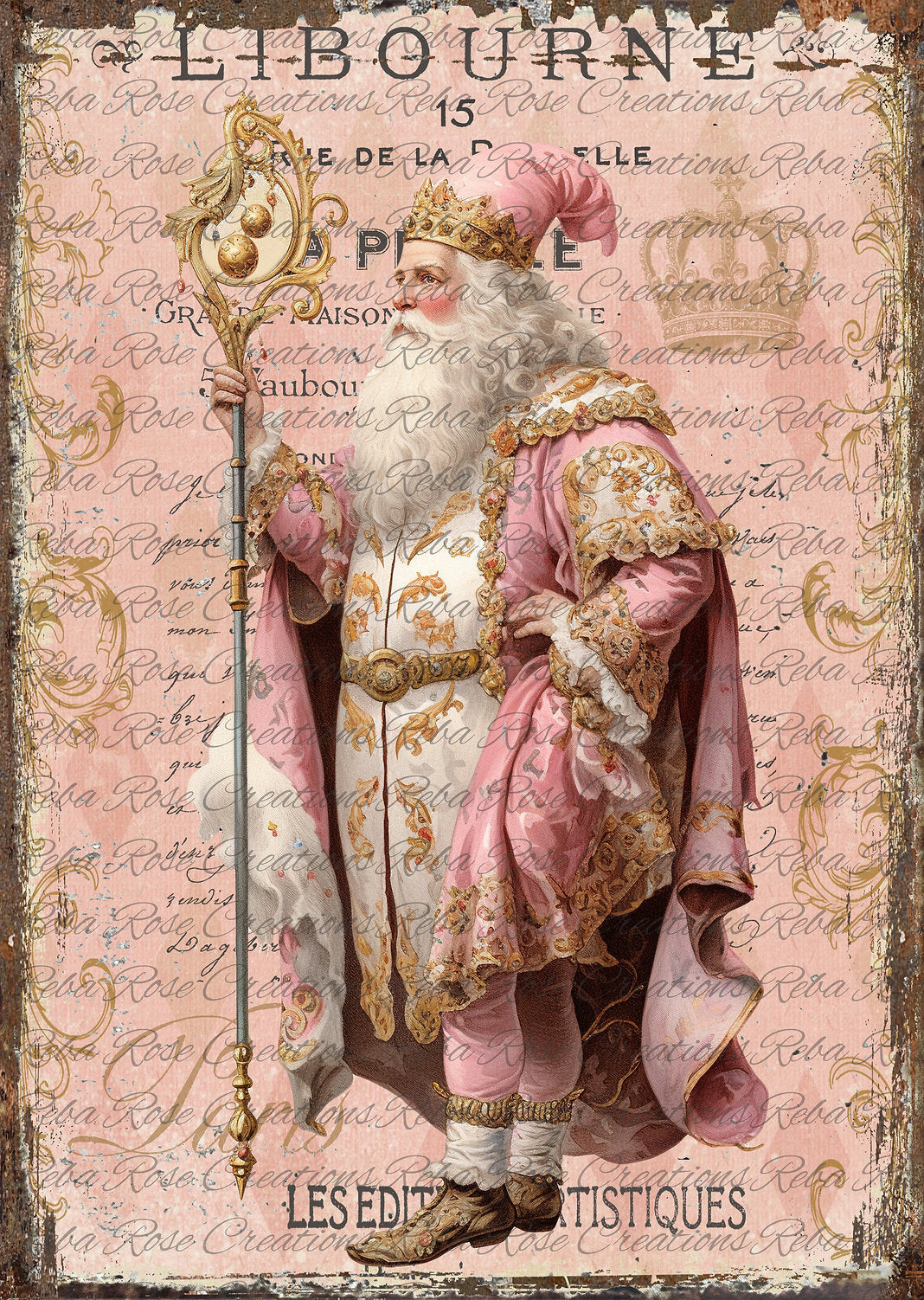 Reba Rose Creations, Rice Paper for Decoupage, Mixed Media, Celestial French Santa, Christmas, Pink, A4, 8.27 X 11.6