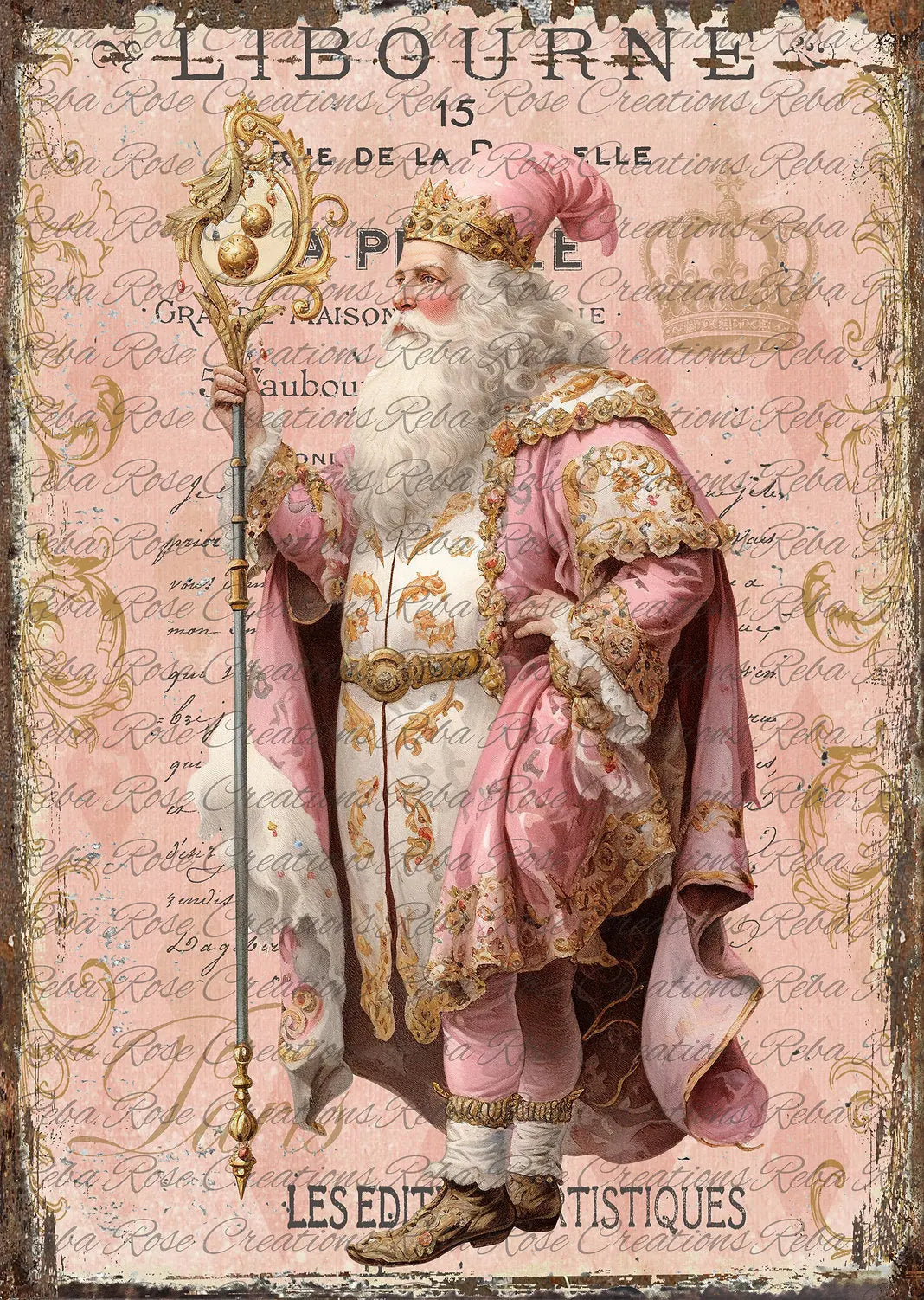 Reba Rose Creations, Rice Paper for Decoupage, Mixed Media, Celestial French Santa, Christmas, Pink, A4, 8.27 X 11.6 Reba Rose