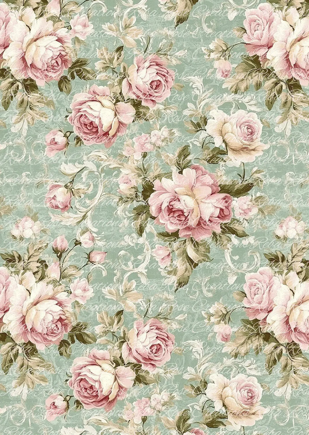 Reba Rose Creations, Rice Paper for Decoupage, Mixed Media, Sage Green, Roses, Shabby Chic, Vintage Style, Wallpaper Reba Rose
