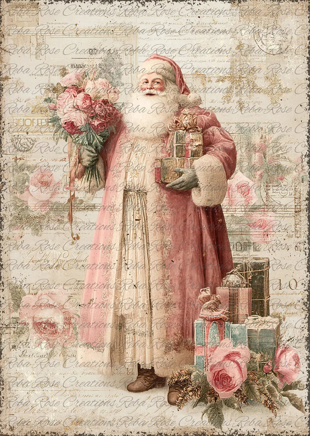 Reba Rose Creations, Rice Paper for Decoupage, Mixed Media, Santa, Pink, Victorian Santa Claus, Christmas, Shabby Chic, A4, 8.27 X 11.6 Reba Rose