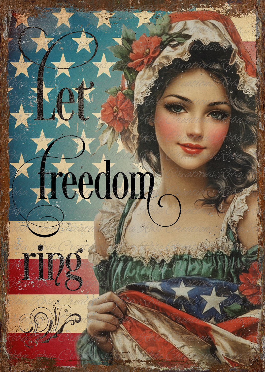 Reba Rose Creations, Rice Paper for Decoupage, Mixed Media, American Flag, Vintage Style, Let Freedom Ring, Independence Day