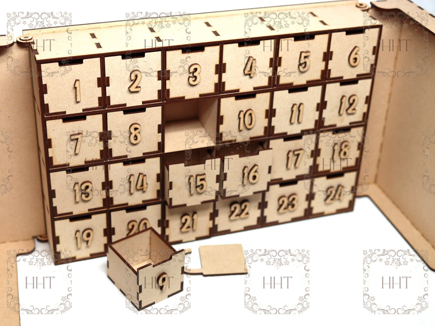Laser Cut MDF Advent Calendar, Countdown to Christmas Decoration, 25 Drawer, Buildable Cabinet for Decoupage and Mixed Media