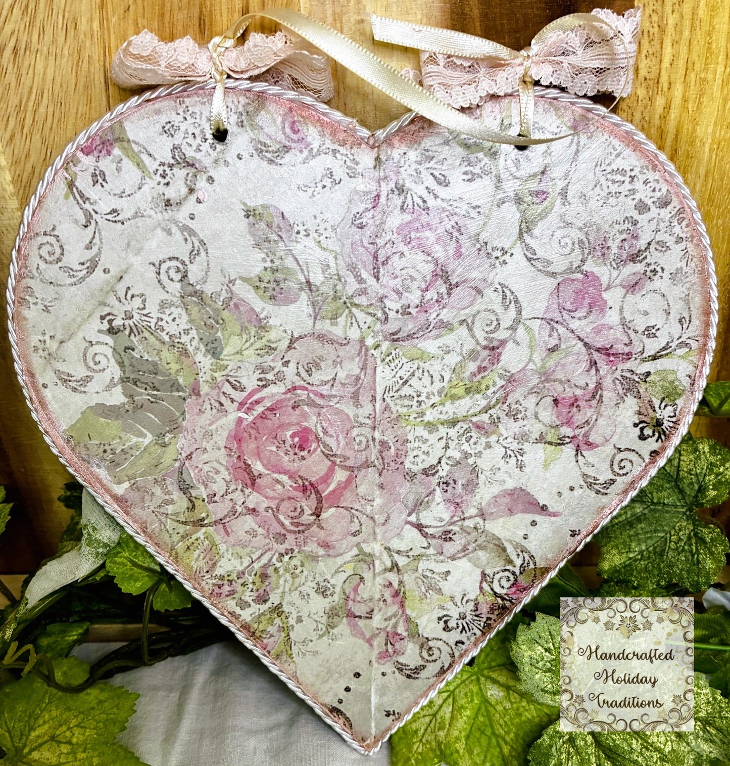 Handcrafted Hanging Heart Angel Plaque, Shabby Chic, Pink Roses, Decoupage, Mixed Media, Wall Art, Home Decor by Pamela, 8 3/4" x 9"
