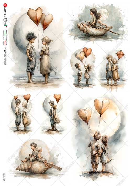 Paper Designs Rice Paper, Children with Heart Balloons, Decoupage, Mixed Media, A4, Made in Italy