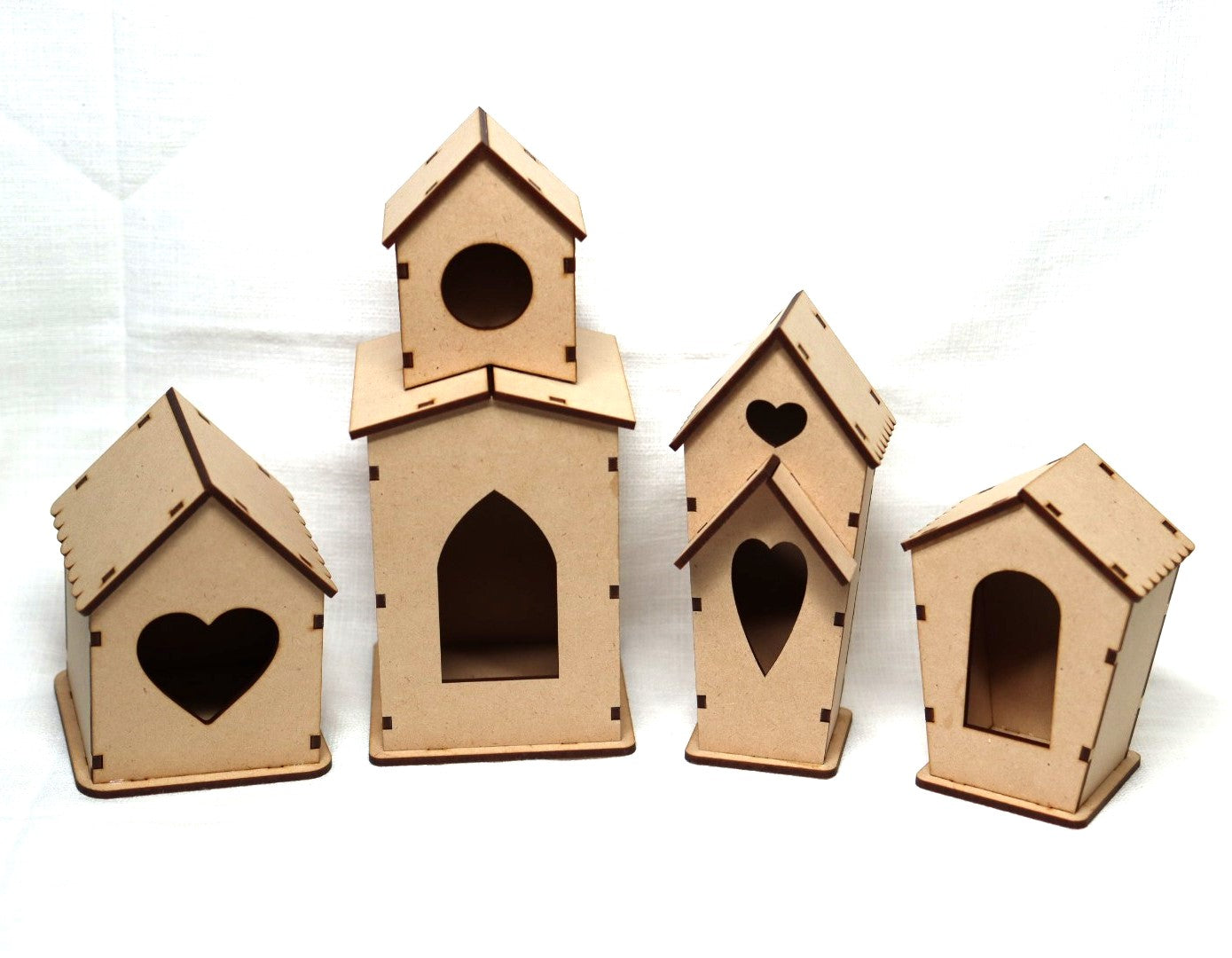 Laser Cut, MDF, Bird Houses Buildable Kit, Set of 4, Craft, Base, Blank, Canvas, Decoupage, Mixed Media, Paintable, Craft Kit, Home Decor