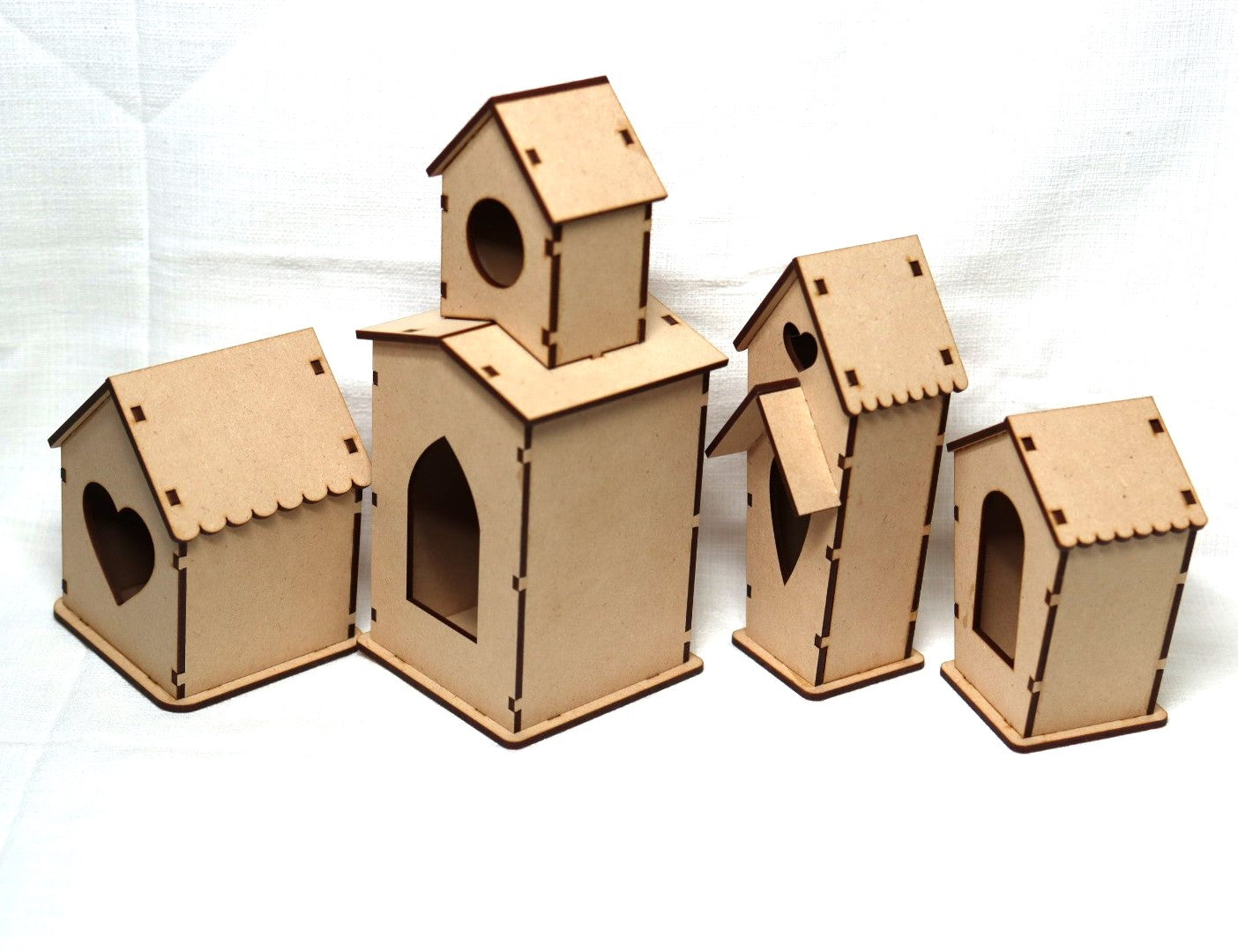 Laser Cut, MDF, Bird Houses Buildable Kit, Set of 4, Craft, Base, Blank, Canvas, Decoupage, Mixed Media, Paintable, Craft Kit, Home Decor