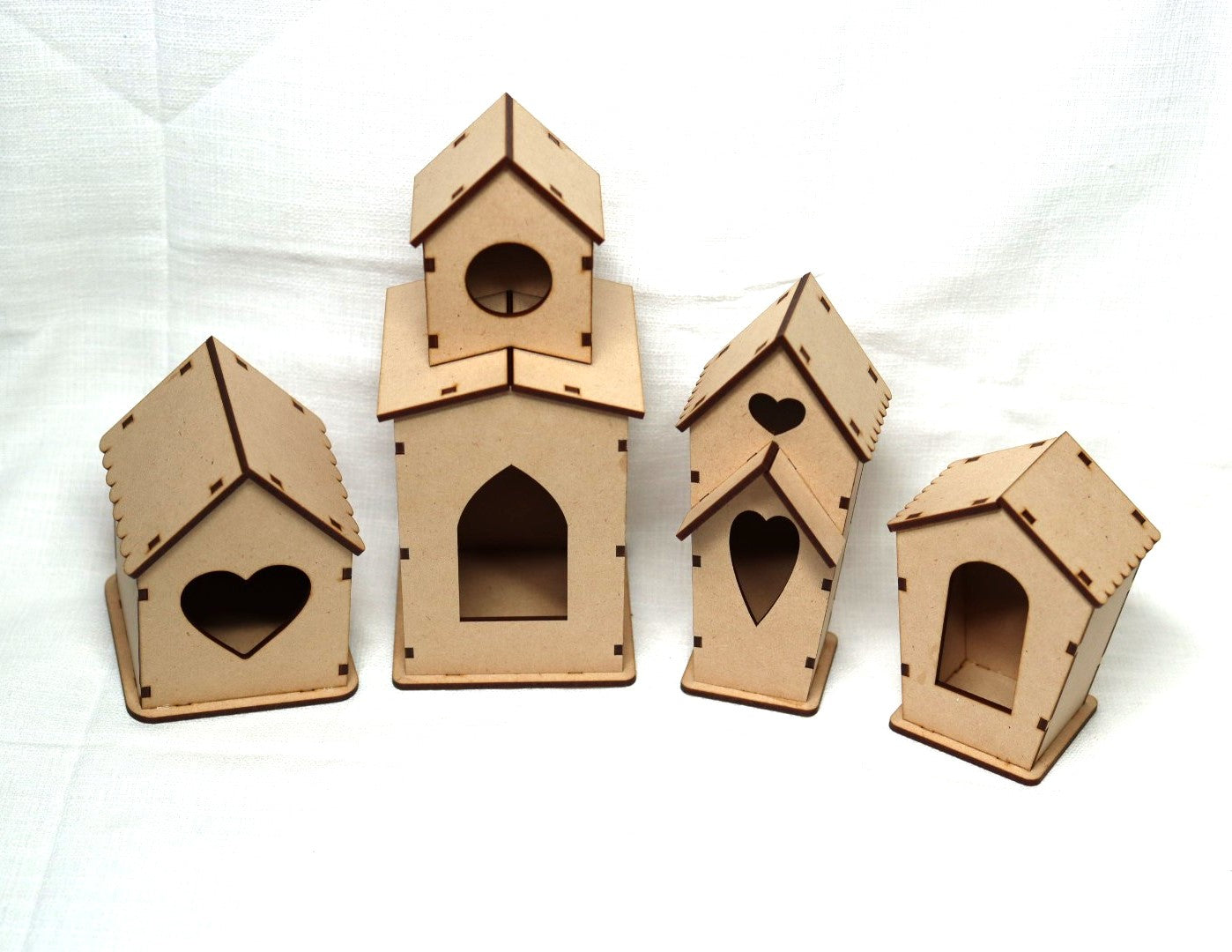Laser Cut, MDF, Bird Houses Buildable Kit, Set of 4, Craft, Base, Blank, Canvas, Decoupage, Mixed Media, Paintable, Craft Kit, Home Decor