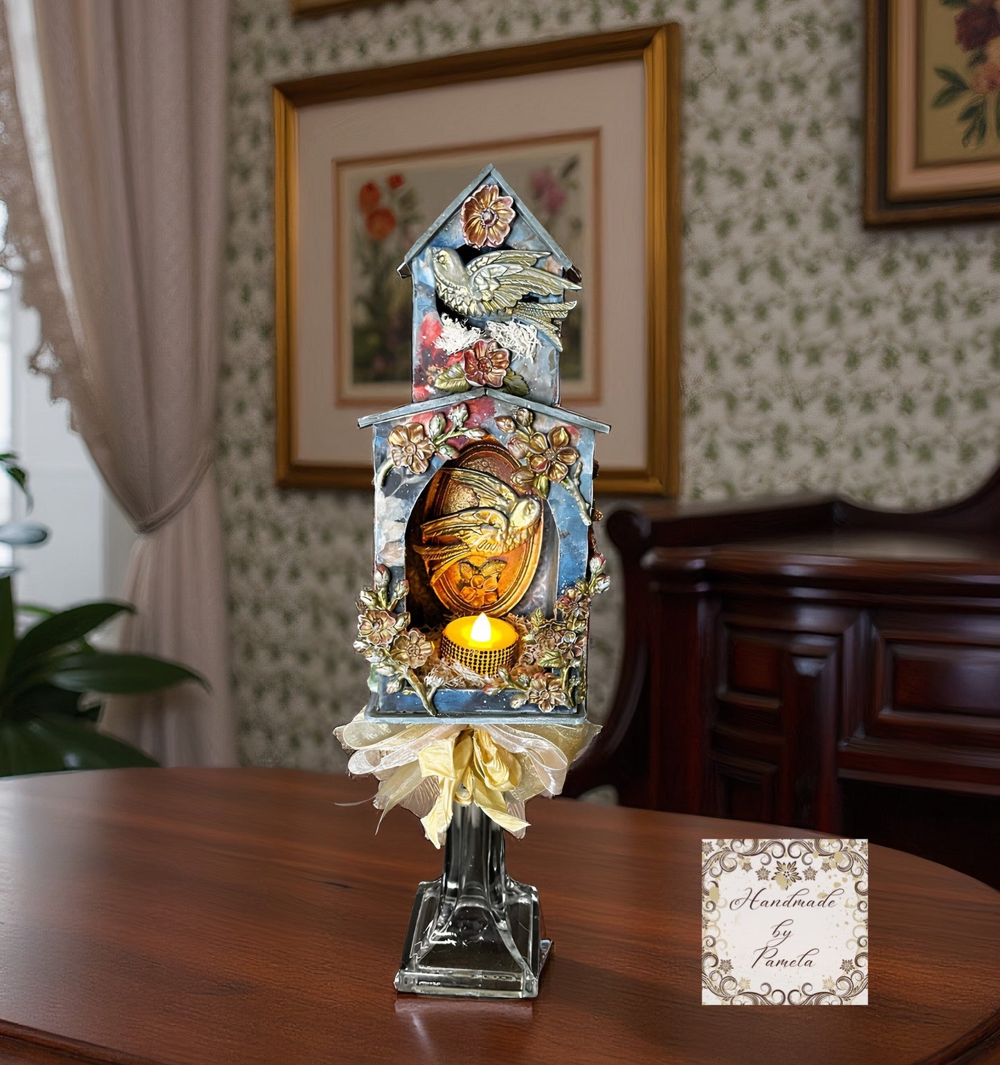 Handcrafted, Decoupage, Mixed Media, Bird House Candle Holder Light, Shadow Box, Shabby Chic, Blue, Pink Blossoms, Art by Pamela