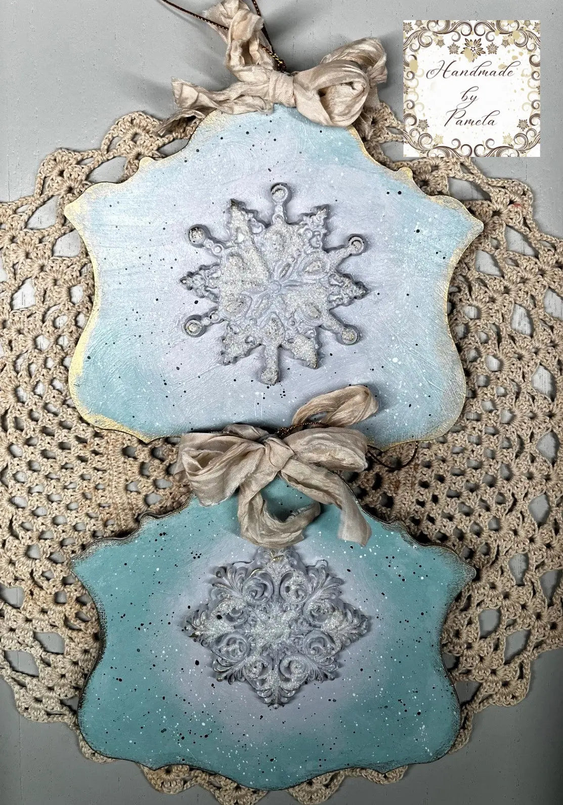 Handcrafted, laser cut MDF, Decoupage, Mixed Media, Christmas Ornaments, Winter Scenes Handmade by Pamela