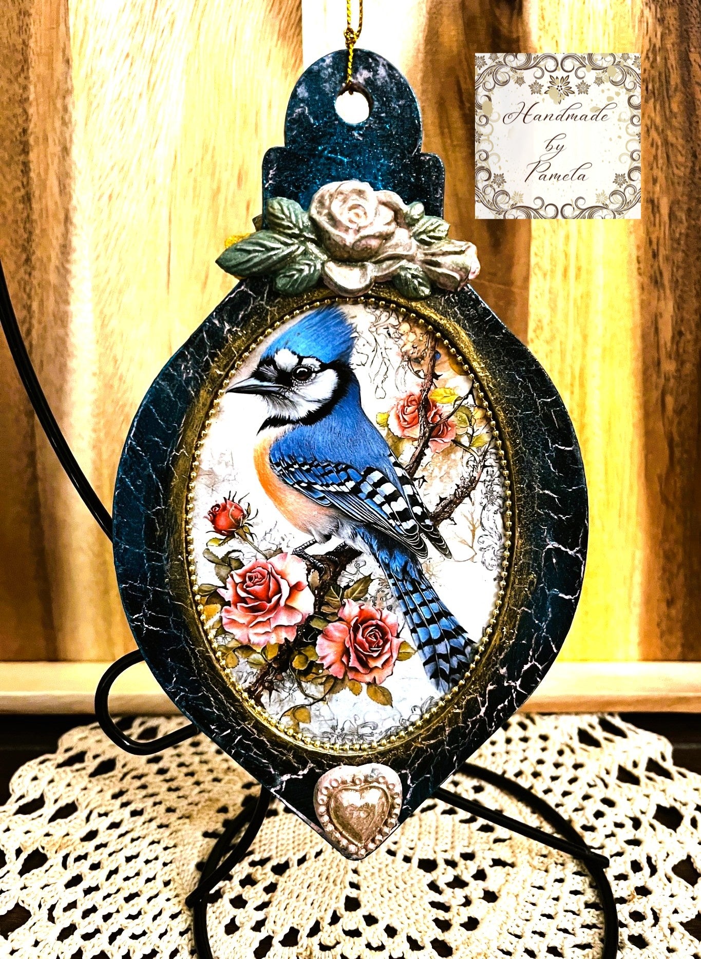 Handcrafted, Decoupage, Mixed Media, Ornament, Blue Jay, Bird, Roses, Christmas, Shabby Chic, Home Decor, Holiday, Reversable