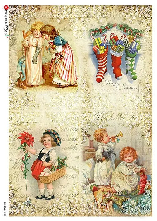 Paper Designs, Rice Paper, Christmas, Vintage Children, Tags, Squares, Stockings, 0292, A4, 8.3" X 11.7" Decoupage, Mixed Media Paper Designs