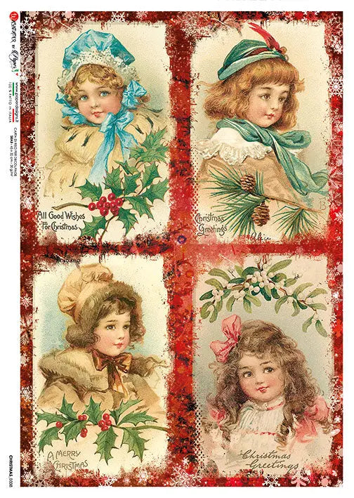 Paper Designs, Rice Paper, Christmas, Vintage Children, Tags, Squares, Holly Berries, 0338, A4, 8.3" X 11.7" Decoupage, Mixed Media Paper Designs