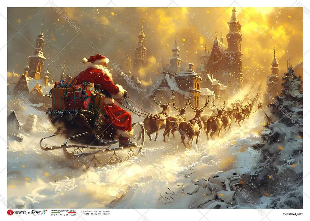 Paper Designs, Rice Paper, 2024 Release, Christmas, Victorian, Santa Claus, Reindeer, Sleigh, 0372, A4, 8.3" X 11.7" Decoupage, Mixed Media Paper Designs
