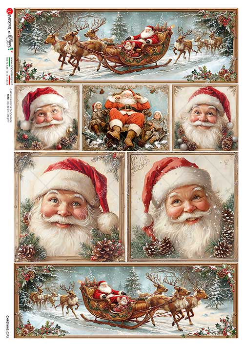 Paper Designs, Rice Paper, 2025 Release, Christmas, Santa, Sleigh, Holiday, Squares, 0373, A4, 8.3" X 11.7 Decoupage, Mixed Media Paper Designs