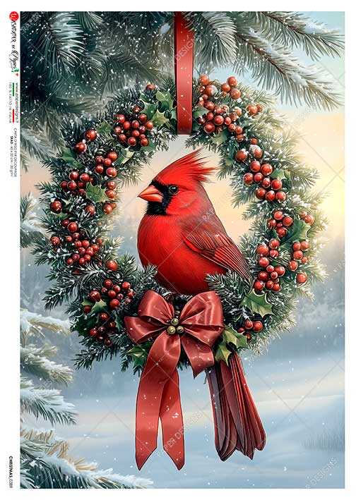 Paper Designs, Rice Paper, 2025 Release, Christmas, Wreath, Holly, Berries, Winter, Cardinals, 0385, A4, 8.3" X 11.7  Decoupage, Mixed Media