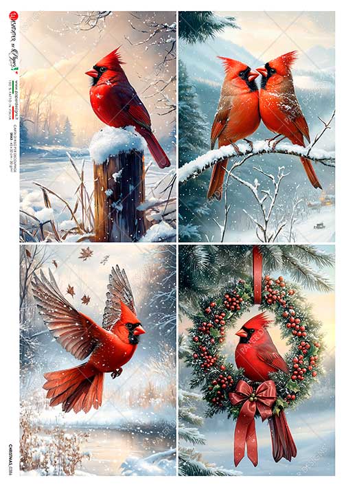 Paper Designs, Rice Paper, 2025 Release, Christmas, Wreath, Holly, Berries, Winter, Cardinals, 0386, A4, 8.3" X 11.7 Decoupage, Mixed Media Paper Designs