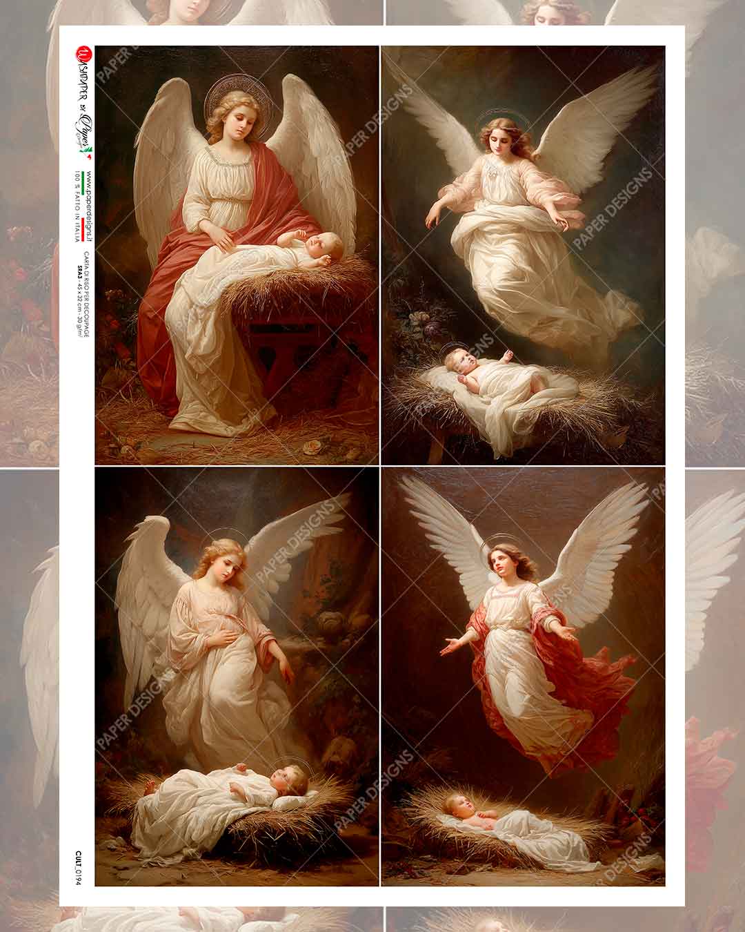 Paper Designs, Rice Paper, Decoupage, Angels, Baby Jesus, Squares, CULT-0194, Vintage Style, A4 8.27 x 11.69 Paper Designs