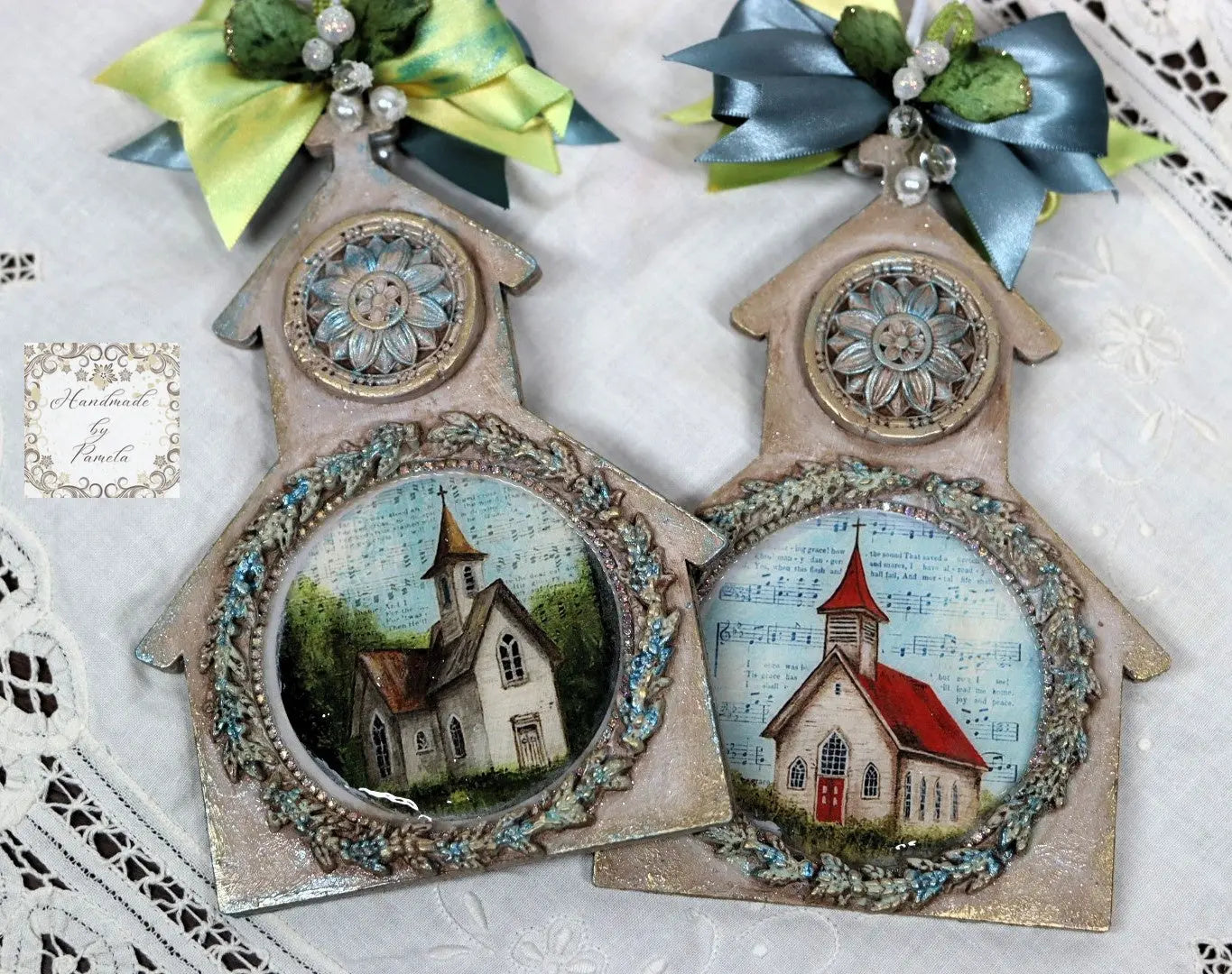 Handcrafted, Decoupage, Mixed Media, Set of 2, Church Ornaments handmade by Pamela Handmade by Pamela