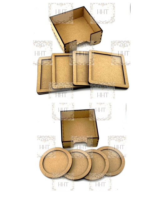 Laser Cut, MDF, Coaster Set, Craft, Base, Blank, Canvas, Framed, Coaster Set, Holder, Decoupage Mixed Media, Paintable, Square, Round