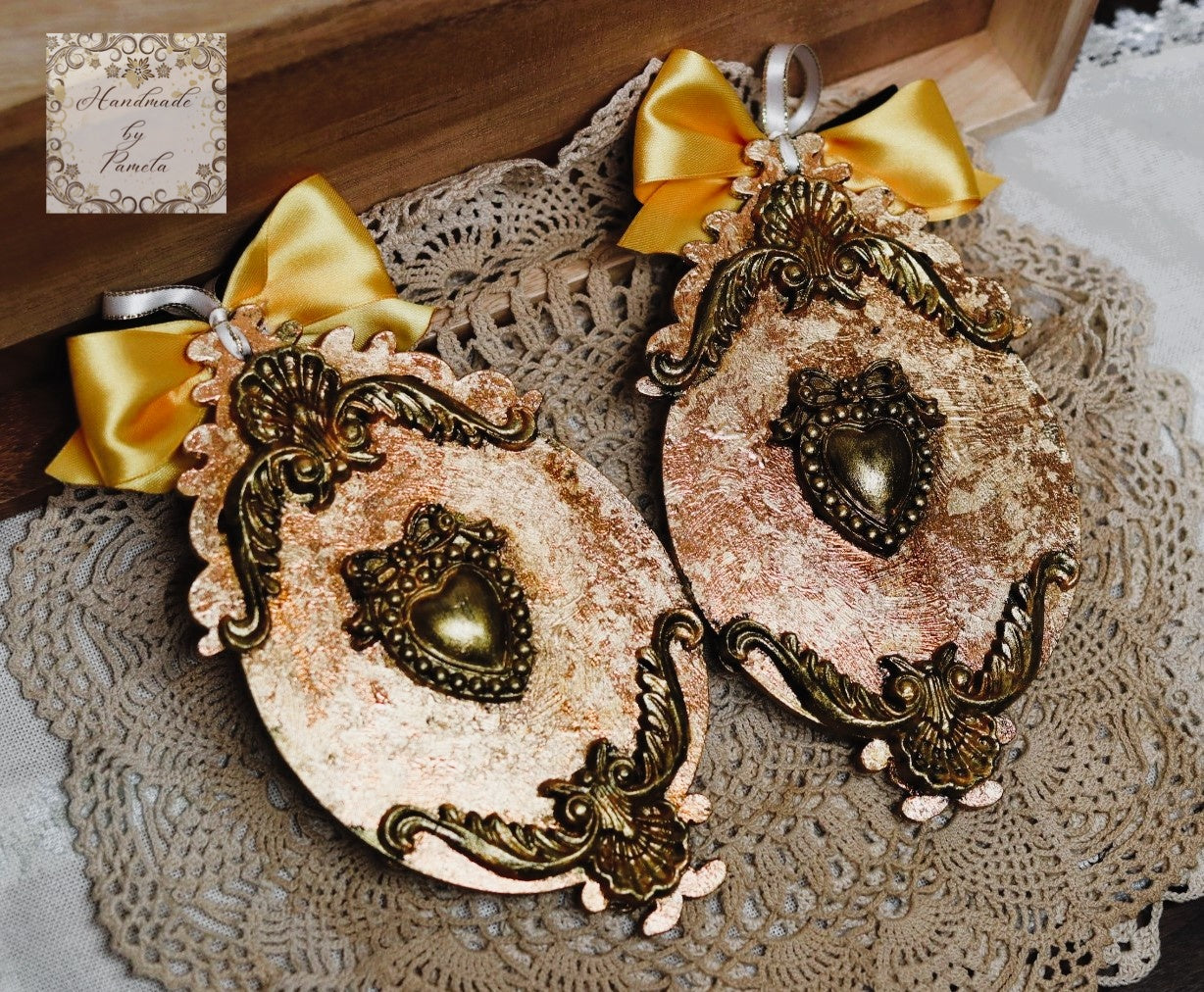 Handcrafted, Set of 2, Christmas Ornament, MDF, Decoupage, Mixed Media, Gold gilded Angels and Cherubs