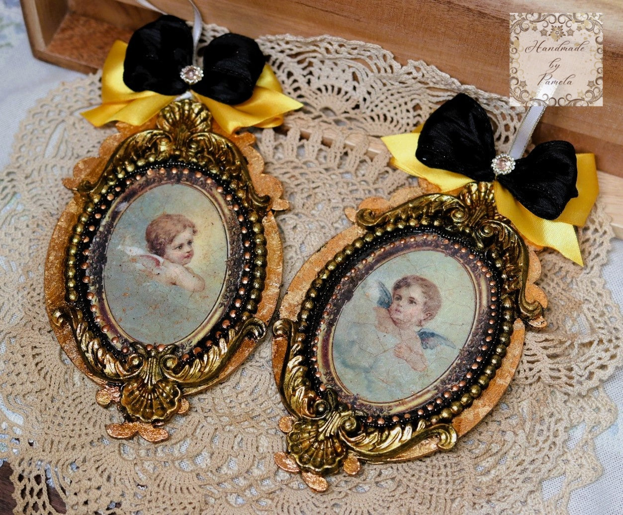 Handcrafted, Set of 2, Christmas Ornament, MDF, Decoupage, Mixed Media, Gold gilded Angels and Cherubs