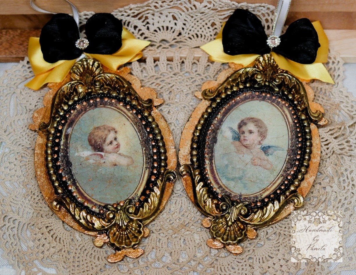 Handcrafted, Set of 2, Christmas Ornament, MDF, Decoupage, Mixed Media, Gold gilded Angels and Cherubs