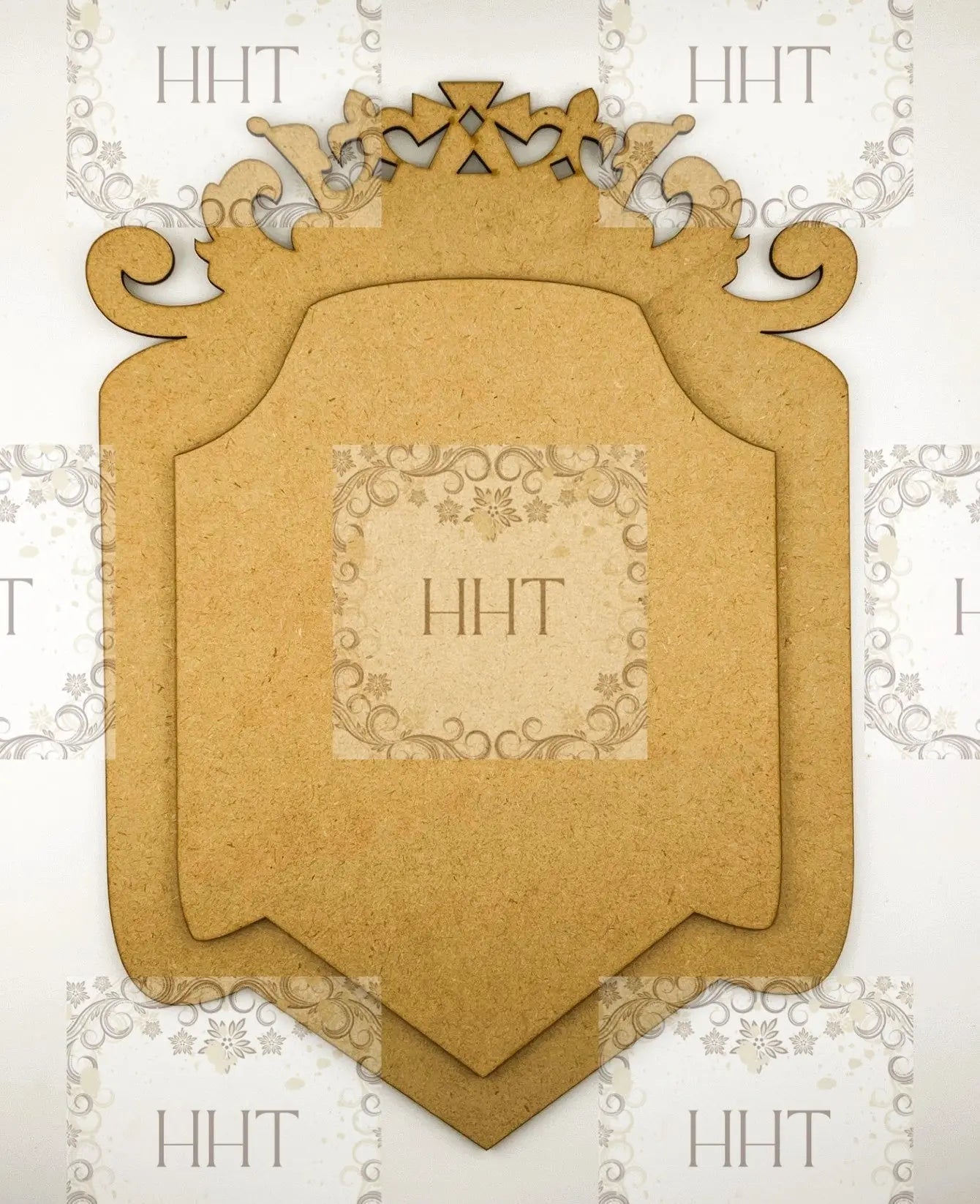 Laser Cut, MDF, Vintage Style, Base, Blank, Crown, Shield, Plaque, Panel, with Center Overlay, 2 pc, Decoupage, Mixed Media, 8 1/2" x 12" Handcrafted Holiday Traditions