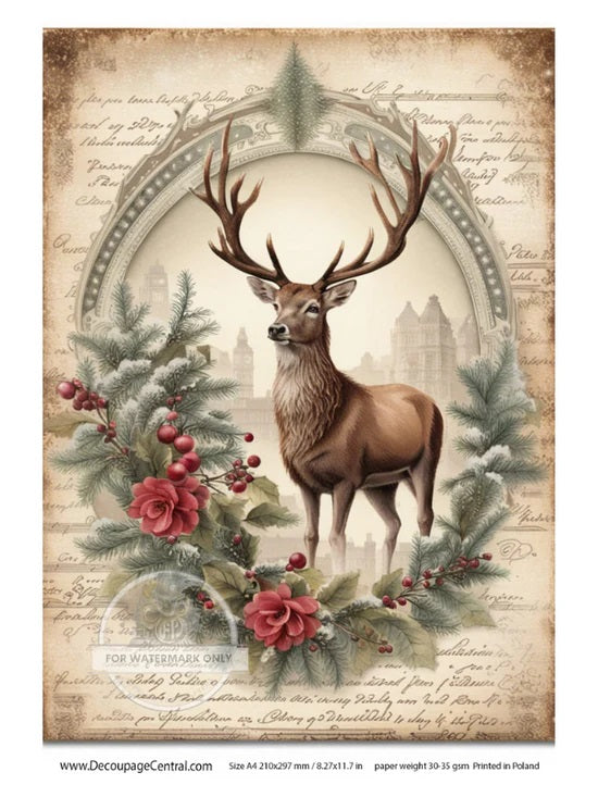 Decoupage Central, Christmas, Framed, Grand Stag, Deer, Vintage, Shabby Chic Style, DC127, Rice Paper, Decoupage, Mixed Media, A4 8.27x11.69