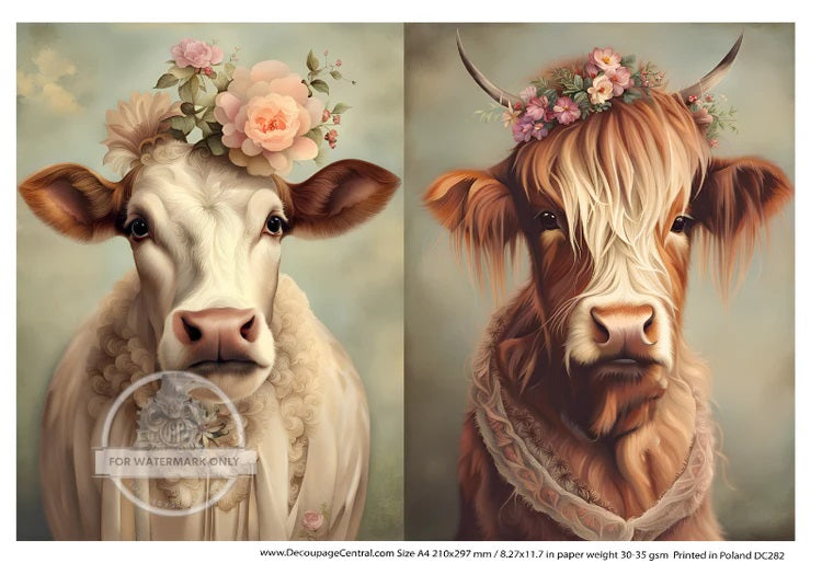Decoupage Central, Dressed Up, Cows, Vintage, Shabby Chic Style, DC282, Rice Paper, Decoupage, Mixed Media, A4 8.27x11.69