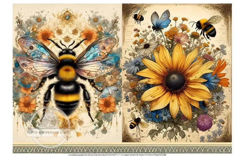Decoupage Central, Rice Paper, Bees, Daisy, Flowers, Duo, Bouquet, DC388, Mixed Media, A4 8.27x11.69 Decoupage Central