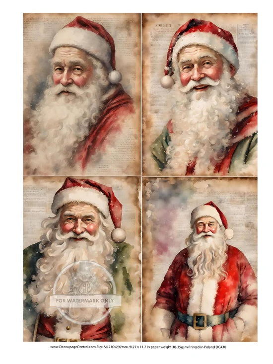 Decoupage Central, Christmas, Santa, Portraits, Squares, Holiday, Decoration, DC430, Rice Paper, Decoupage, Mixed Media, A4 8.27x11.69 in