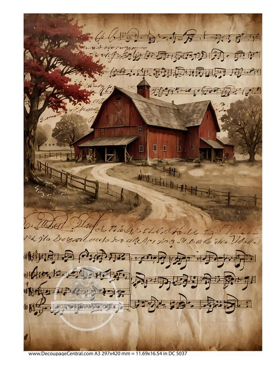 Decoupage Central, Rice Paper, Country, Red Barn, Farm, Musical Notes, DC483, Mixed Media, A4 8.27x11.69