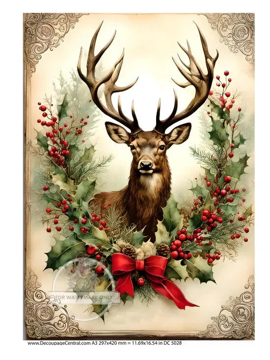 Decoupage Central, Christmas, Wreath, Stag, Deer, Vintage, Shabby Chic Style, DC5028, Rice Paper, Decoupage, Mixed Media, A3 11.69x16.54 Decoupage Central