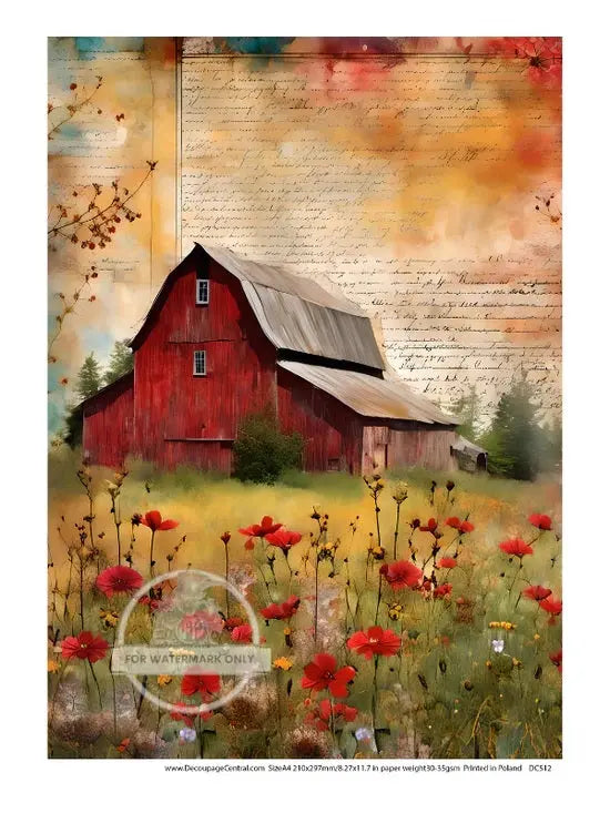 Decoupage Central, Rice Paper, Country, Red Barn, Farm, Poppies, Flowers, Hill, DC512, Mixed Media, A4 8.27x11.69 Decoupage Central