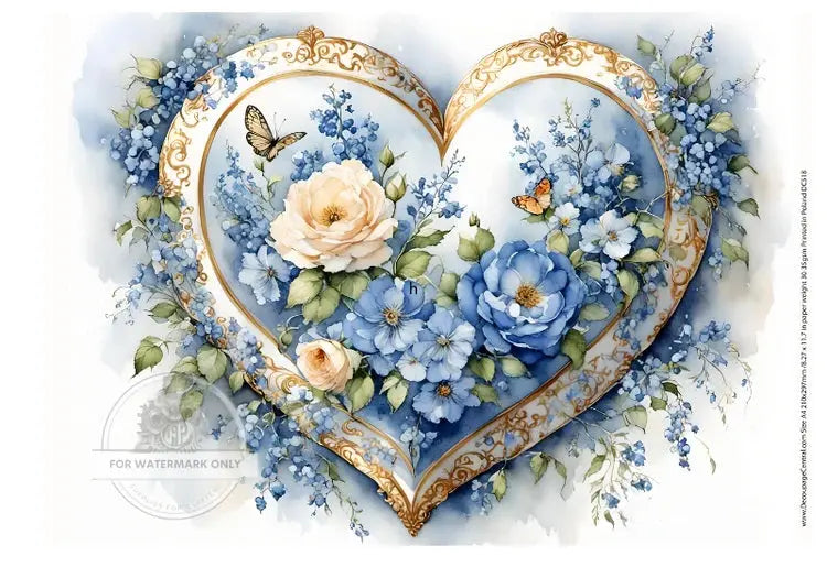Decoupage Central, Blue Heart, Flowers, Butterflies, Vintage, Shabby Chic Style, DC518, Rice Paper, Decoupage, Mixed Media, A4 8.27x11.69 Decoupage Central