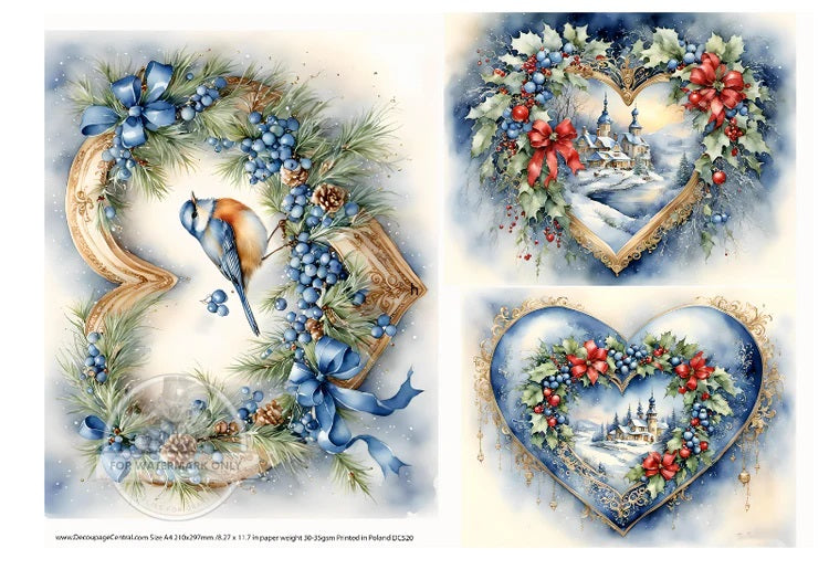 Decoupage Central, Christmas, Blue Floral, Hearts, Birds, Winter, Shabby Chic Style, DC520, Rice Paper, Decoupage, Mixed Media, A4 8.2x11.6