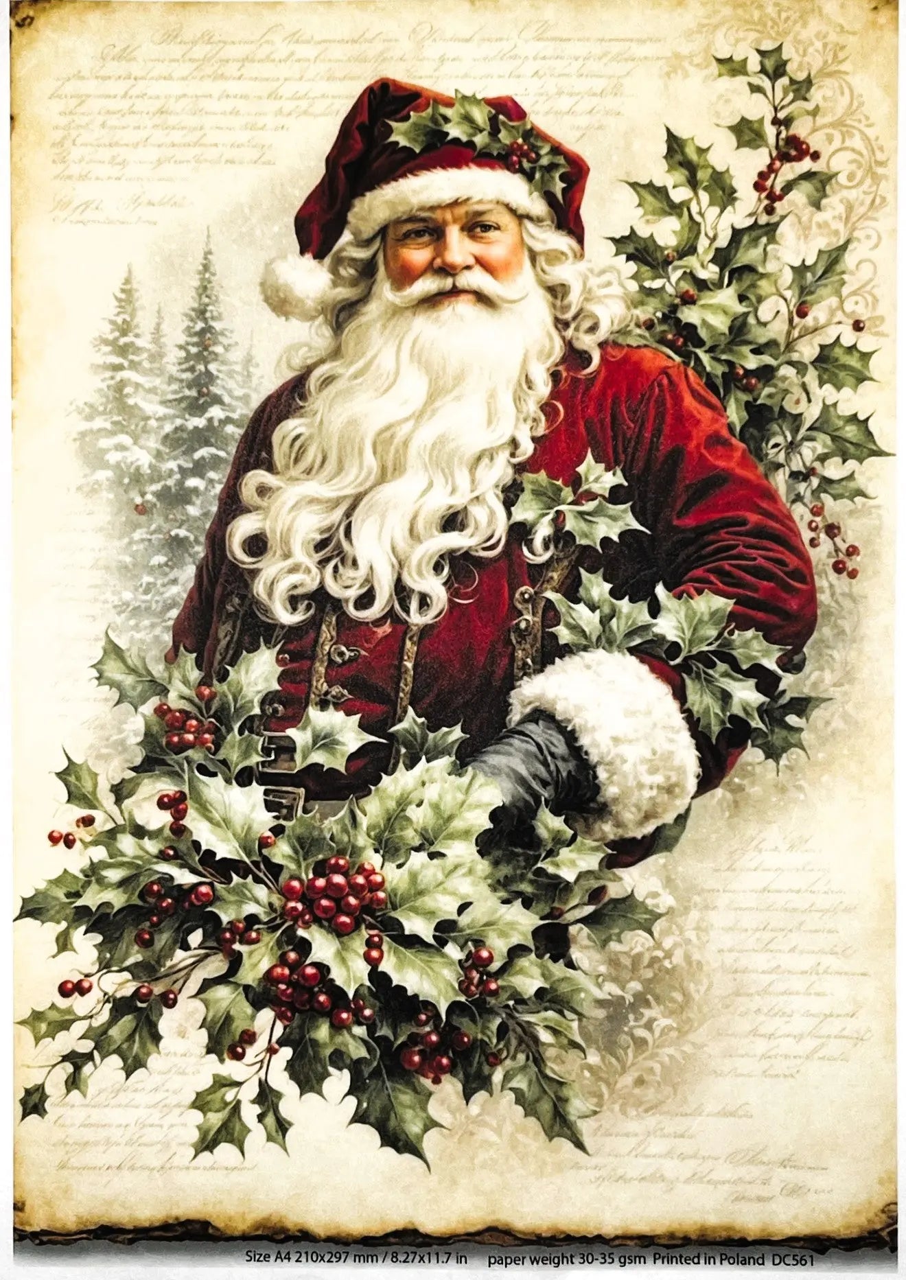 Decoupage Central, Christmas, Santa, Portrait, Holly, Holiday, Decoration, DC561, Rice Paper, Decoupage, Mixed Media, A4 8.27x11.69 in Decoupage Central