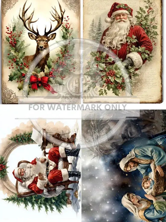 Decoupage Central, Christmas, Santa, Nativity, Deer, Jesus, Squares, Holiday, DC562, Rice Paper, Decoupage, Mixed Media, A4 8.27x11.69 in Decoupage Central