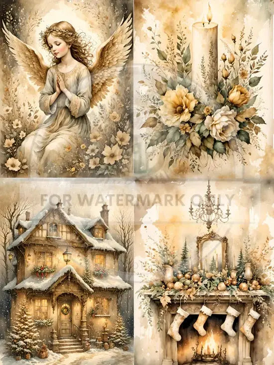 Decoupage Central, Christmas, Angel, Candle, Fireplace, Sepia, Shabby Chic Style, DC579, Rice Paper, Decoupage, Mixed Media, A4 8.2x11.6 Decoupage Central