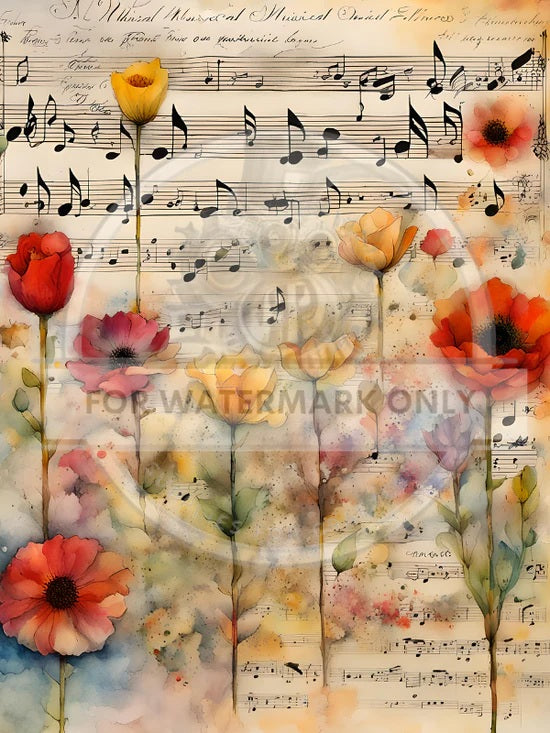 Decoupage Central, Rice Paper, Music Notes, Poppies, Floral, Wallpaper, Watercolor, Flowers, Shabby Chic, DC601, Mixed Media, A4 8.27x11.69
