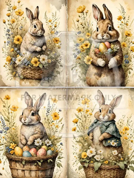 Decoupage Central, Bunnies, Easter Baskets, Spring Bunny, Flowers, Eggs, DC621, Rice Paper, Mixed Media, A4 8.27 X 11.69 in Decoupage Central
