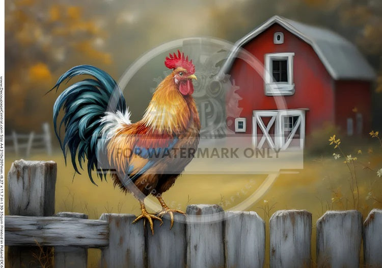 Decoupage Central, Country, Rooster, Red Barn, Farm, DC646, Rice Paper, Mixed Media, A4 8.27 X 11.69 in