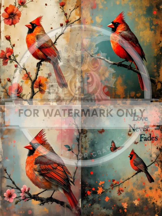 Decoupage Central, Rice Paper, Red, Cardinals, Shabby Chic, Squares, DC681, Decoupage, Mixed Media