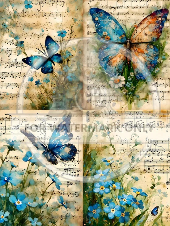 Decoupage Central, Rice Paper, Butterflies, Musical Notes, Country, Shabby chic, Squares, DC683, Decoupage, Mixed Media