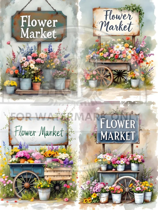 Decoupage Central, Rice Paper, Flower Market, Squares, Country, Shabby chic, Squares, DC726, Decoupage, Mixed Media, A4, 8.27 X 11.69