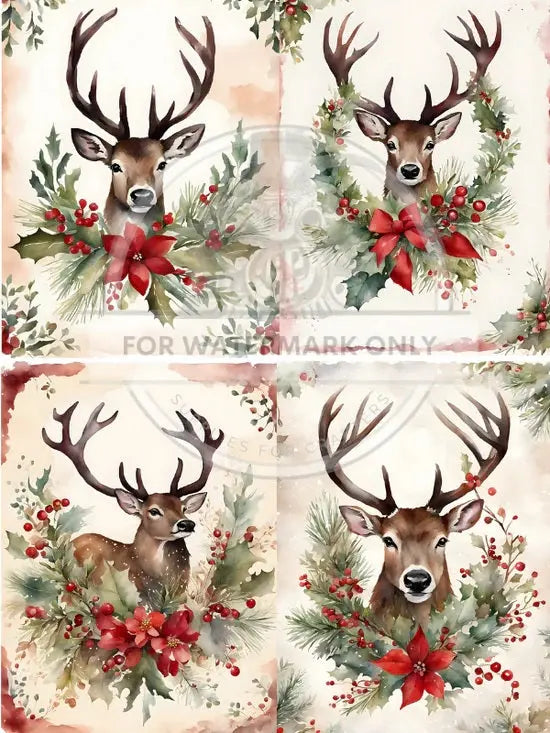 Decoupage Central, Holiday, Christmas, Bucks, Deer, Reindeer, Poinsettia, Squares, DC801, Rice Paper, Decoupage, Mixed Media, A4 8.27x11.69 Decoupage Central