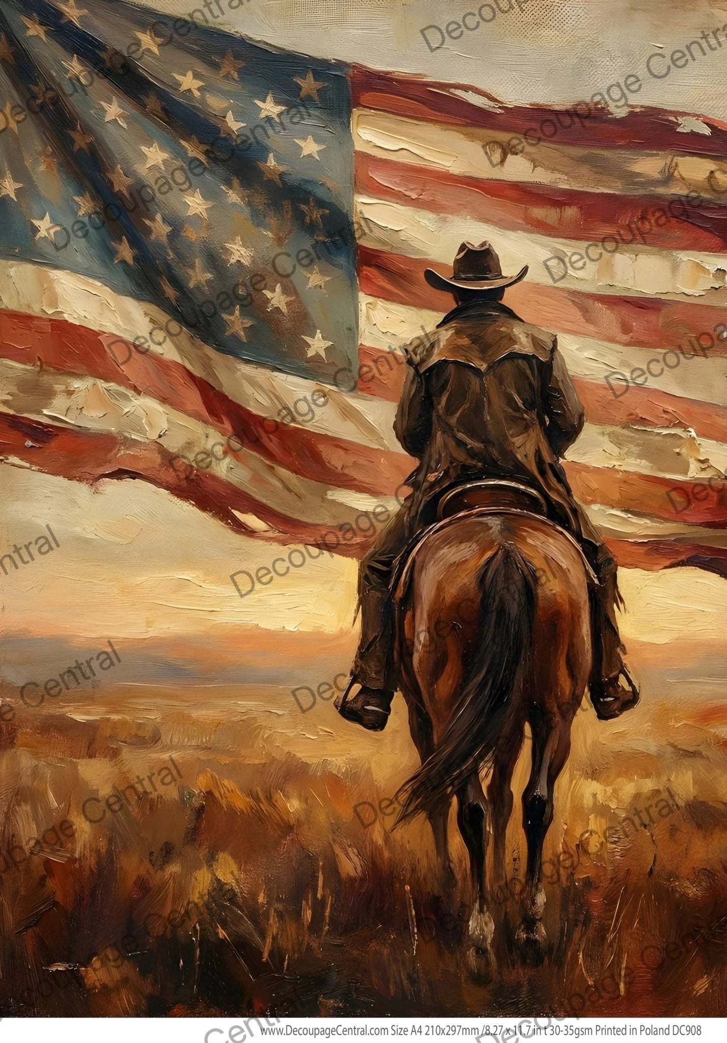 Decoupage Central Rice Paper, Ride for the American Flag, Patriotic Cowboy, Americana Style, Mixed Media, A4 8.27x11.69