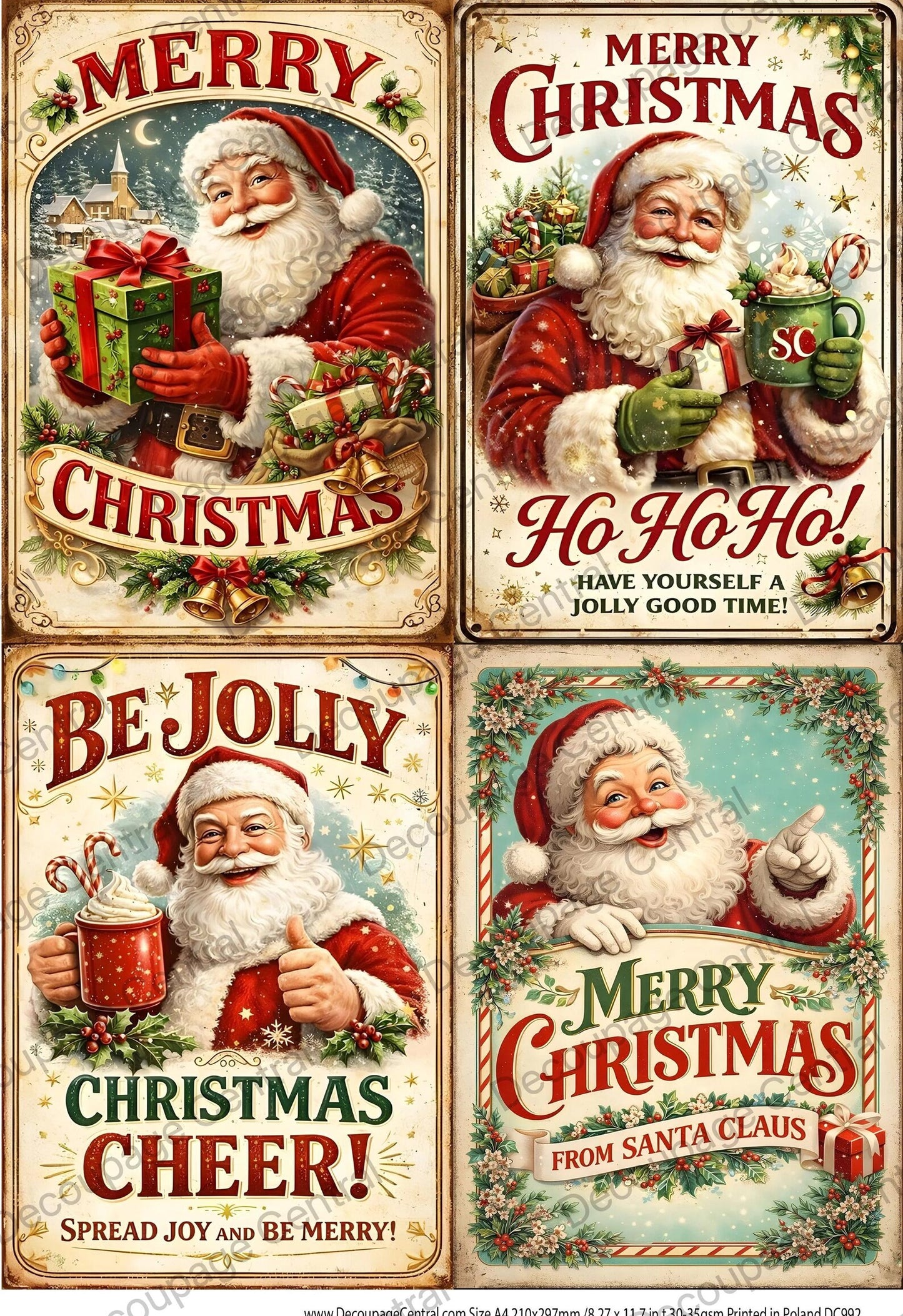 Decoupage Central Rice Paper, Christmas, Festive Santa Squares, Scrapbooking, Mixed Media, A4 8.27x11.69