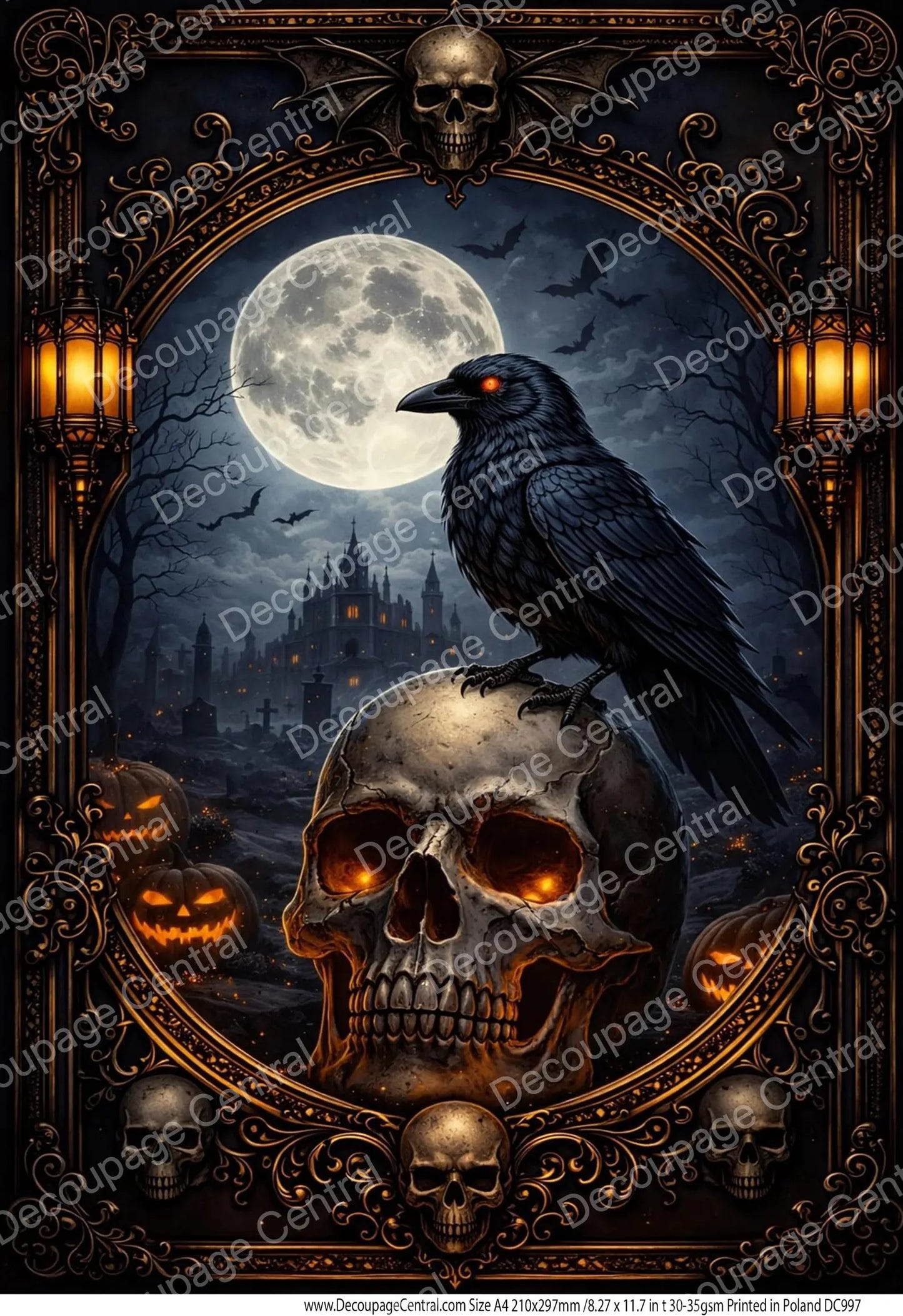 Decoupage Central Rice Paper, Halloween, Raven Moon Cemetery, Skull, Gothic, Scrapbooking, Mixed Media, A4 8.27x11.69